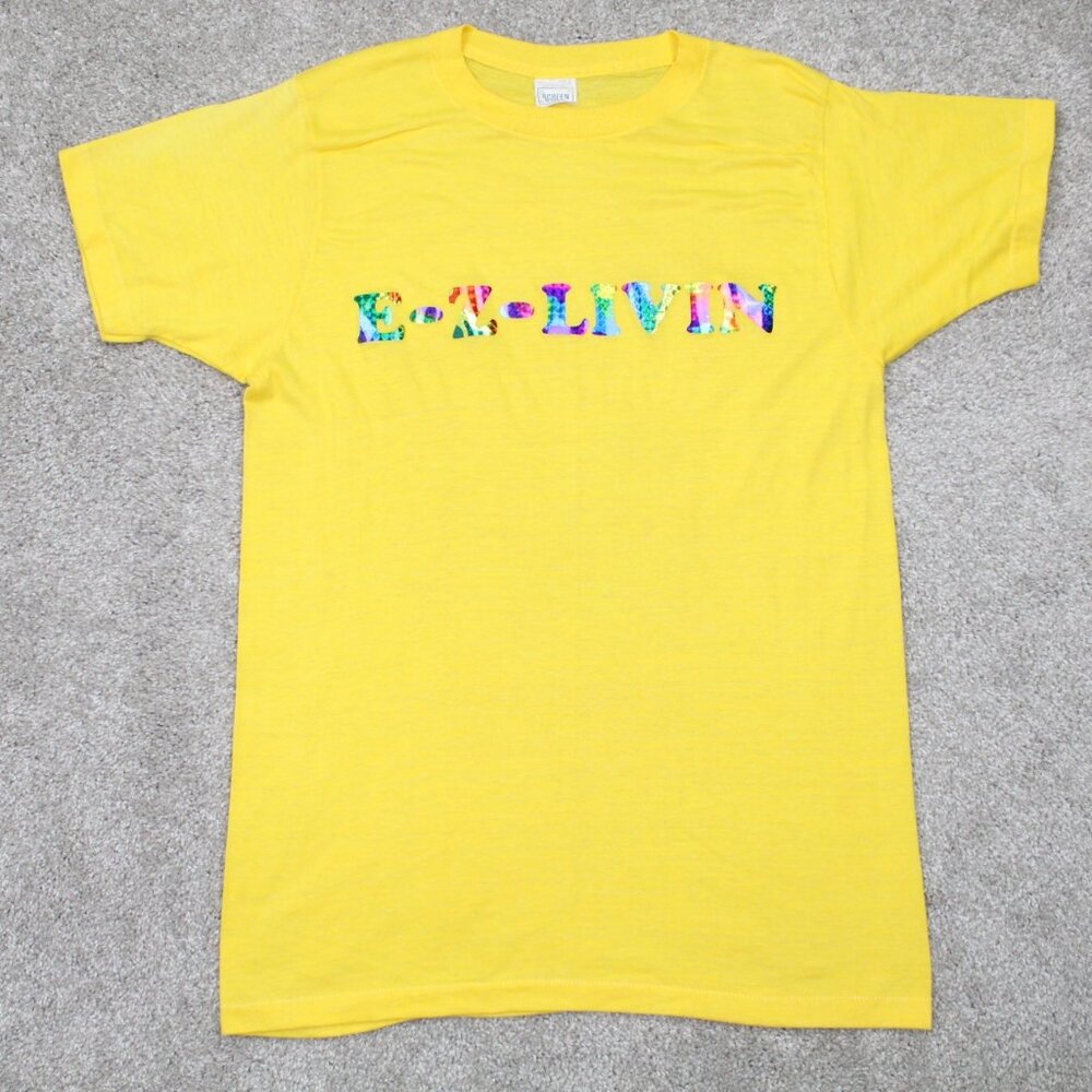 VTG Screen Stars Shirt Womens Large Yellow Single Stitch "EZ Livin" Short Sleeve